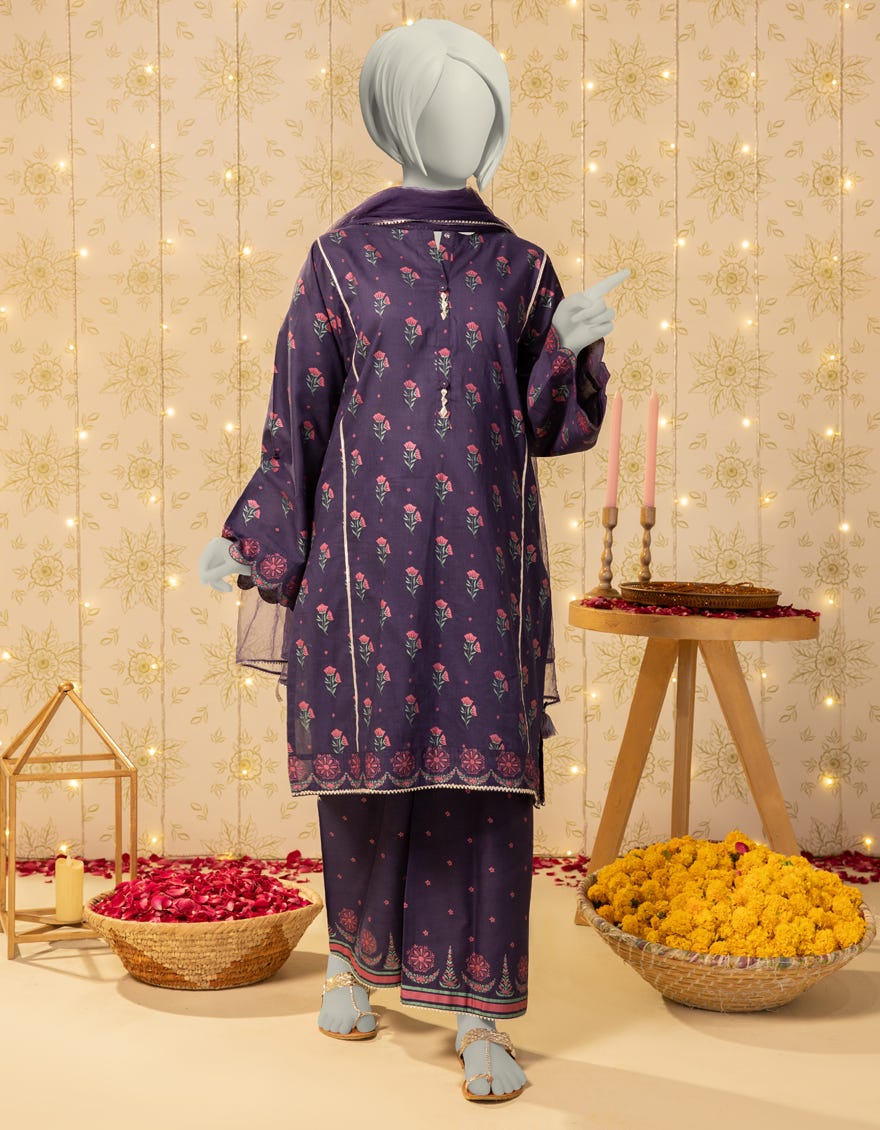 PURPLE LAWN PASTE PRINTED 3PC STITCHED