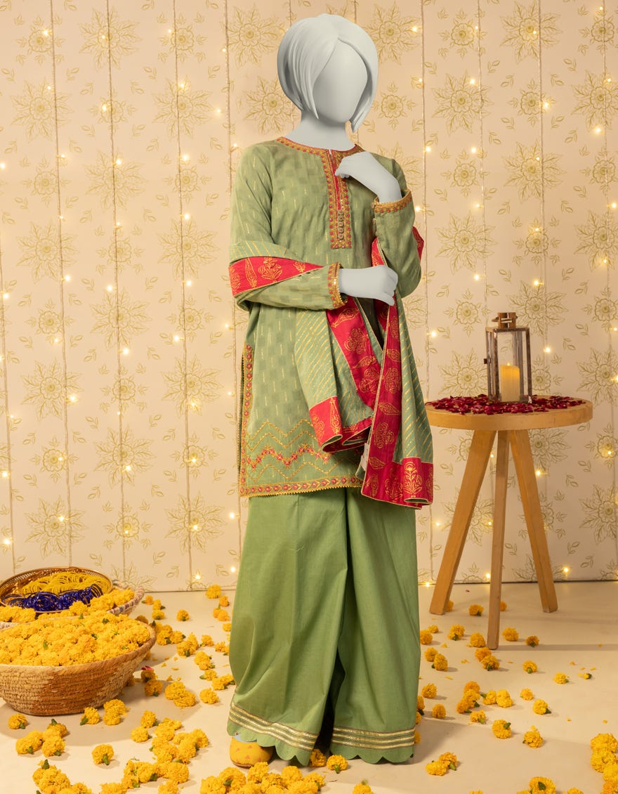 GREEN DOBBY EMBROIDERED 3PC STITCHED