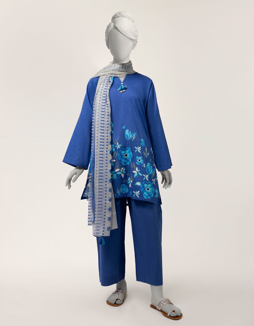 BLUE DOBBY DIGITAL PRINTED 3PC STITCHED