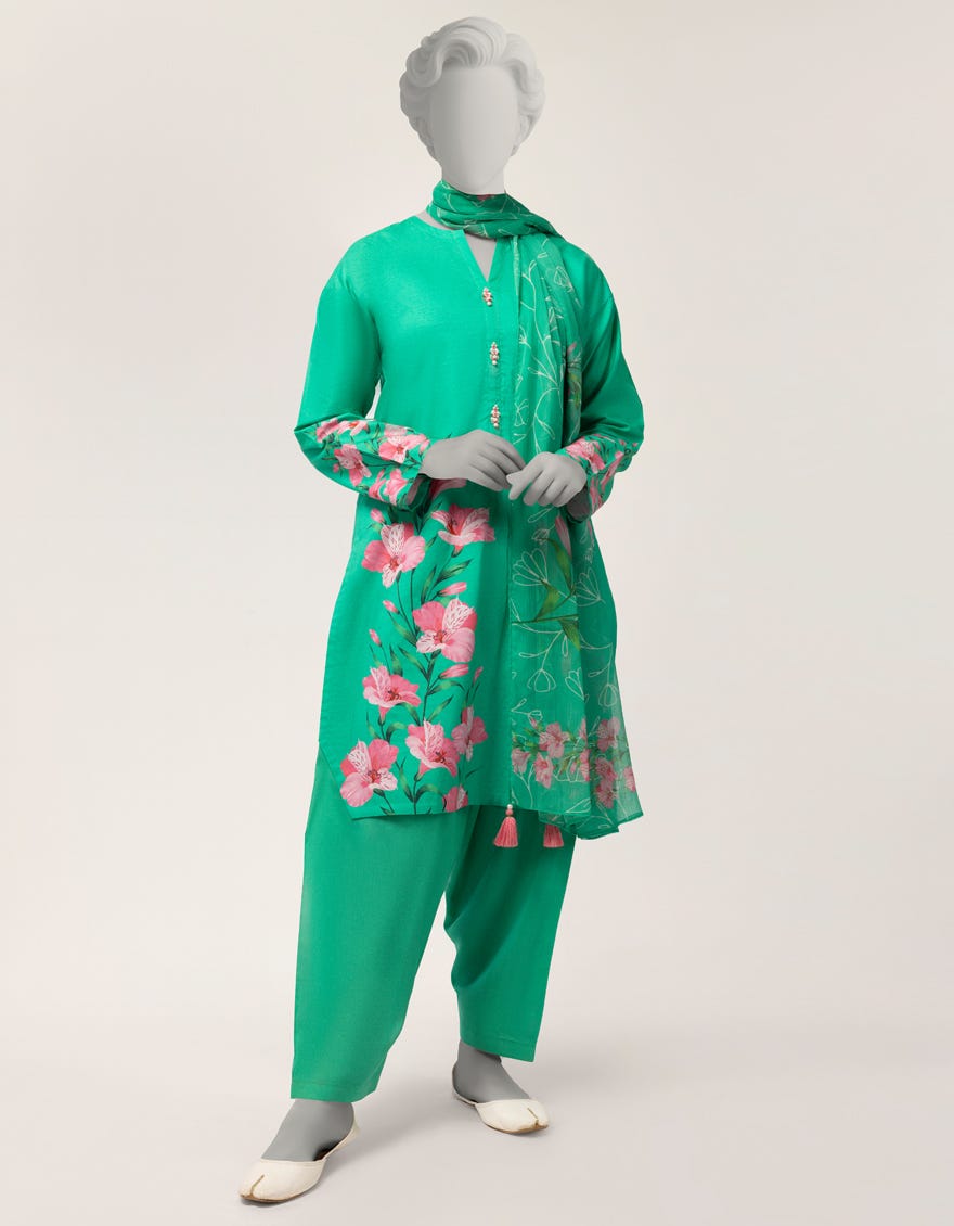 GREEN DOBBY DIGITAL PRINTED STITCHED 3PC