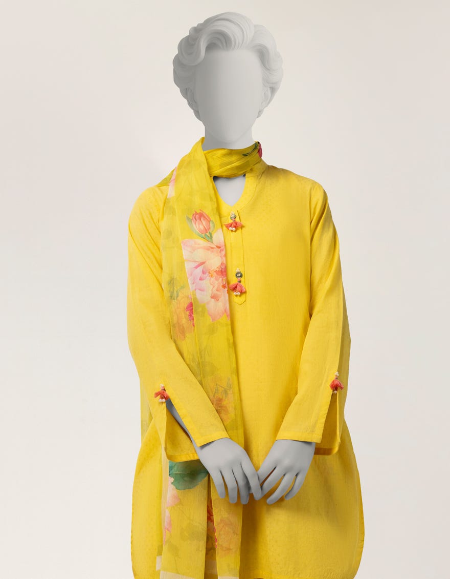 YELLOW DOBBY DIGITAL PRINTED STITCHED 3PC