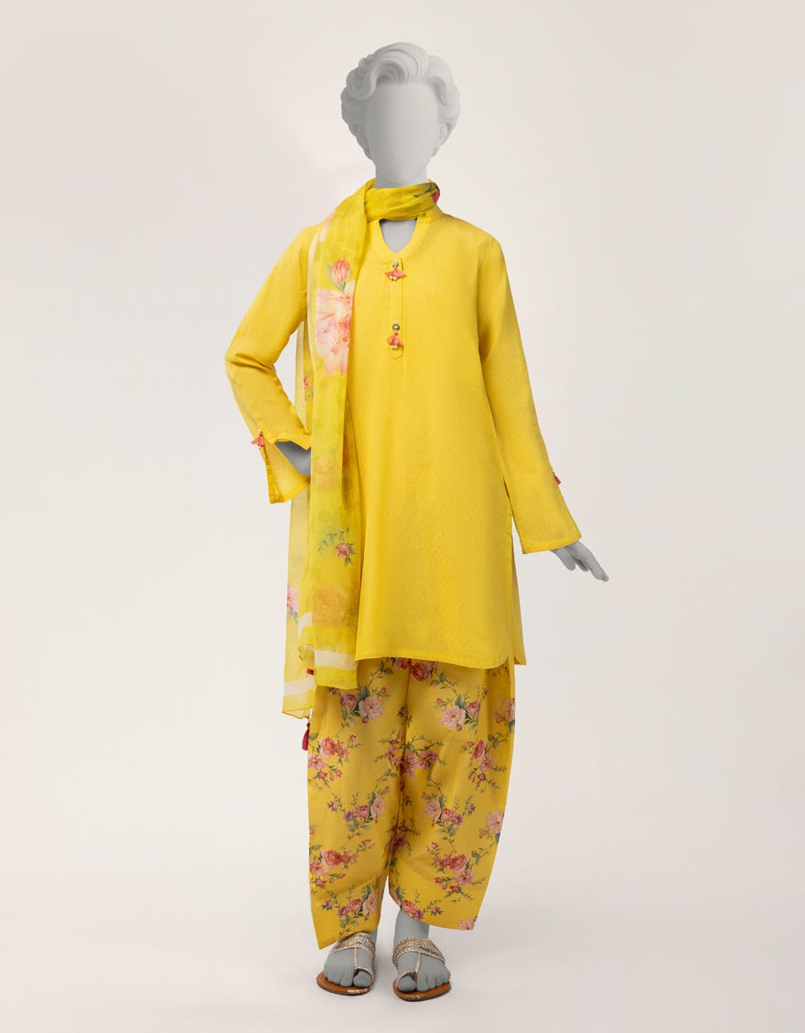 YELLOW DOBBY DIGITAL PRINTED STITCHED 3PC