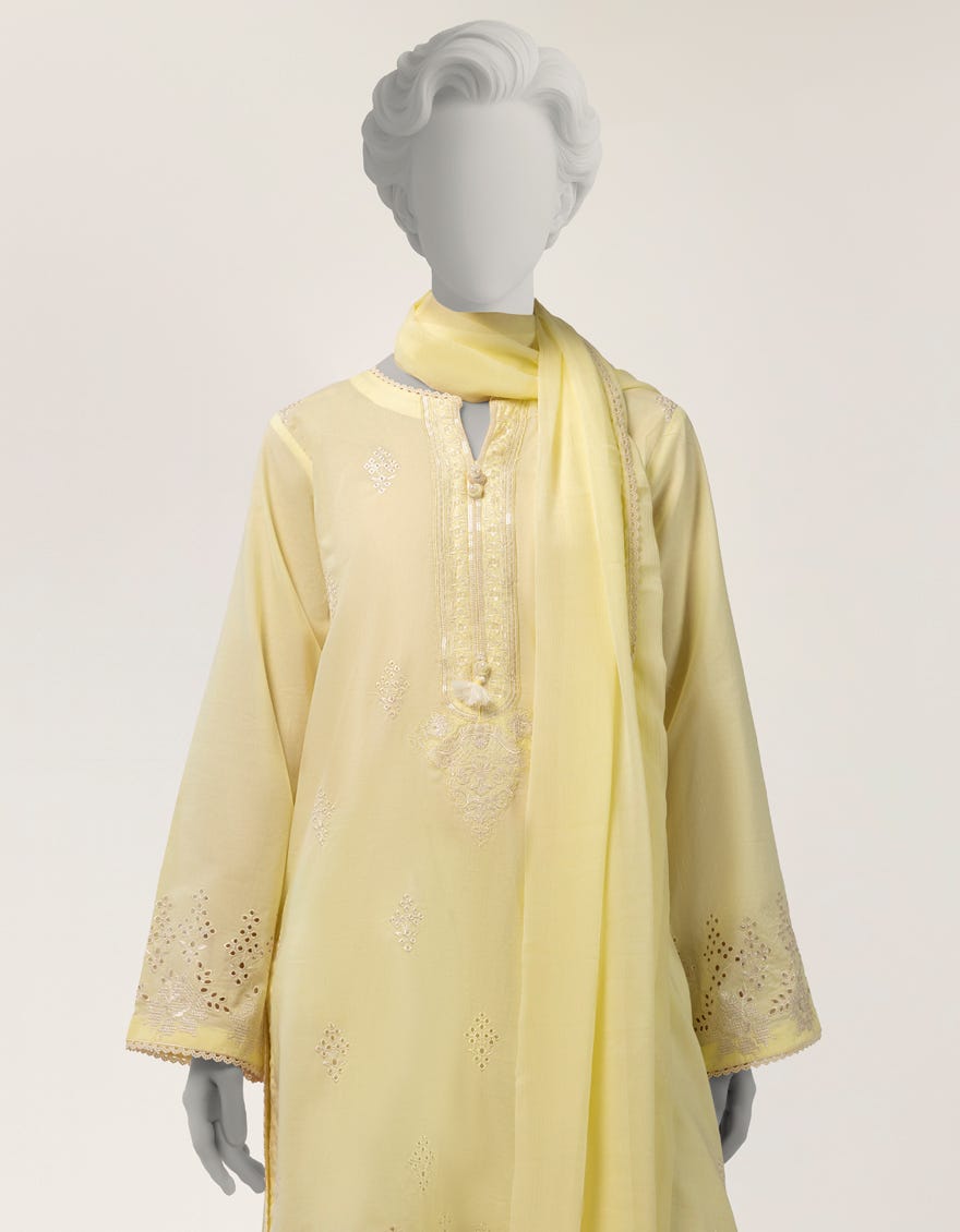 YELLOW LAWN EMBROIDERED STITCHED 3PC