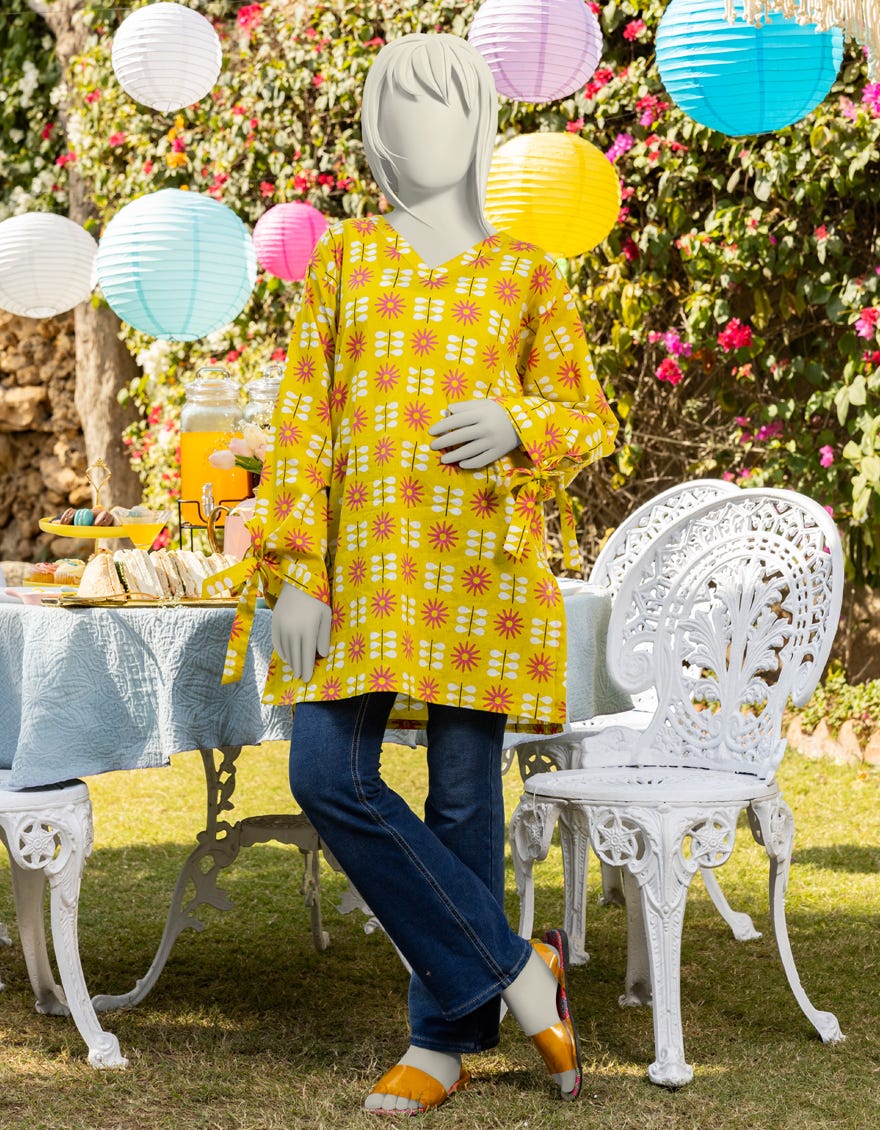 YELLOW LAWN PRINTED KURTI | JYGK-S-JTS-25-4007