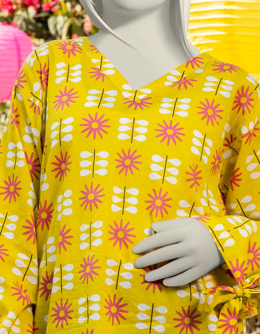YELLOW LAWN PRINTED KURTI | JYGK-S-JTS-25-4007