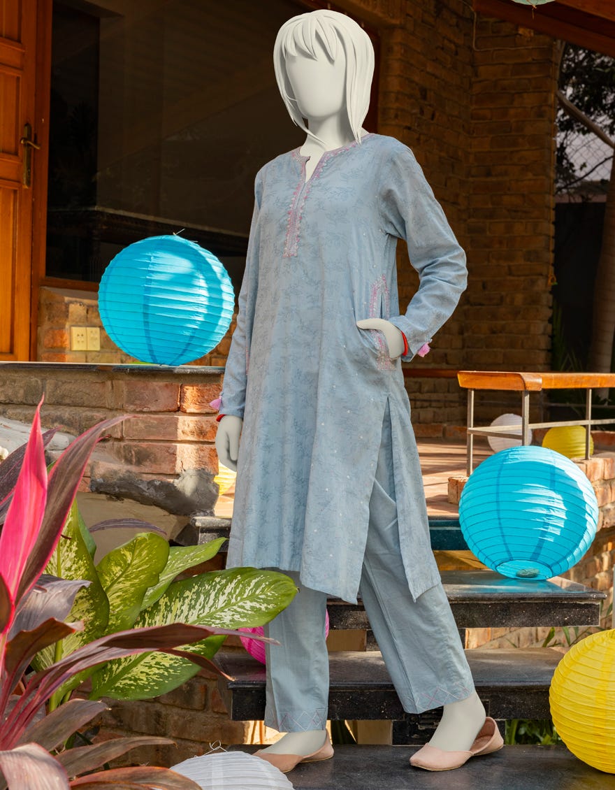 BLUE TEXTURED EMBROIDERED 2PC | JGK-S-JTST-25-407