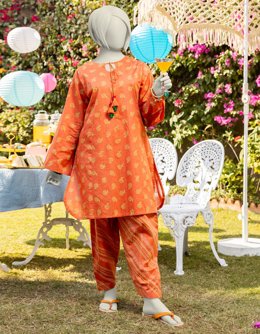 ORANGE LAWN PRINTED 2PC | JGK-S-JTST-25-418