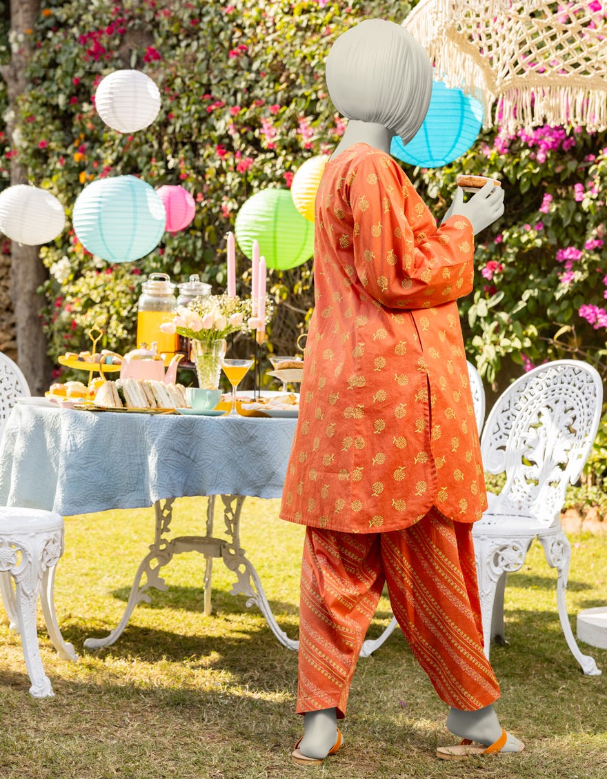 ORANGE LAWN PRINTED 2PC | JGK-S-JTST-25-418