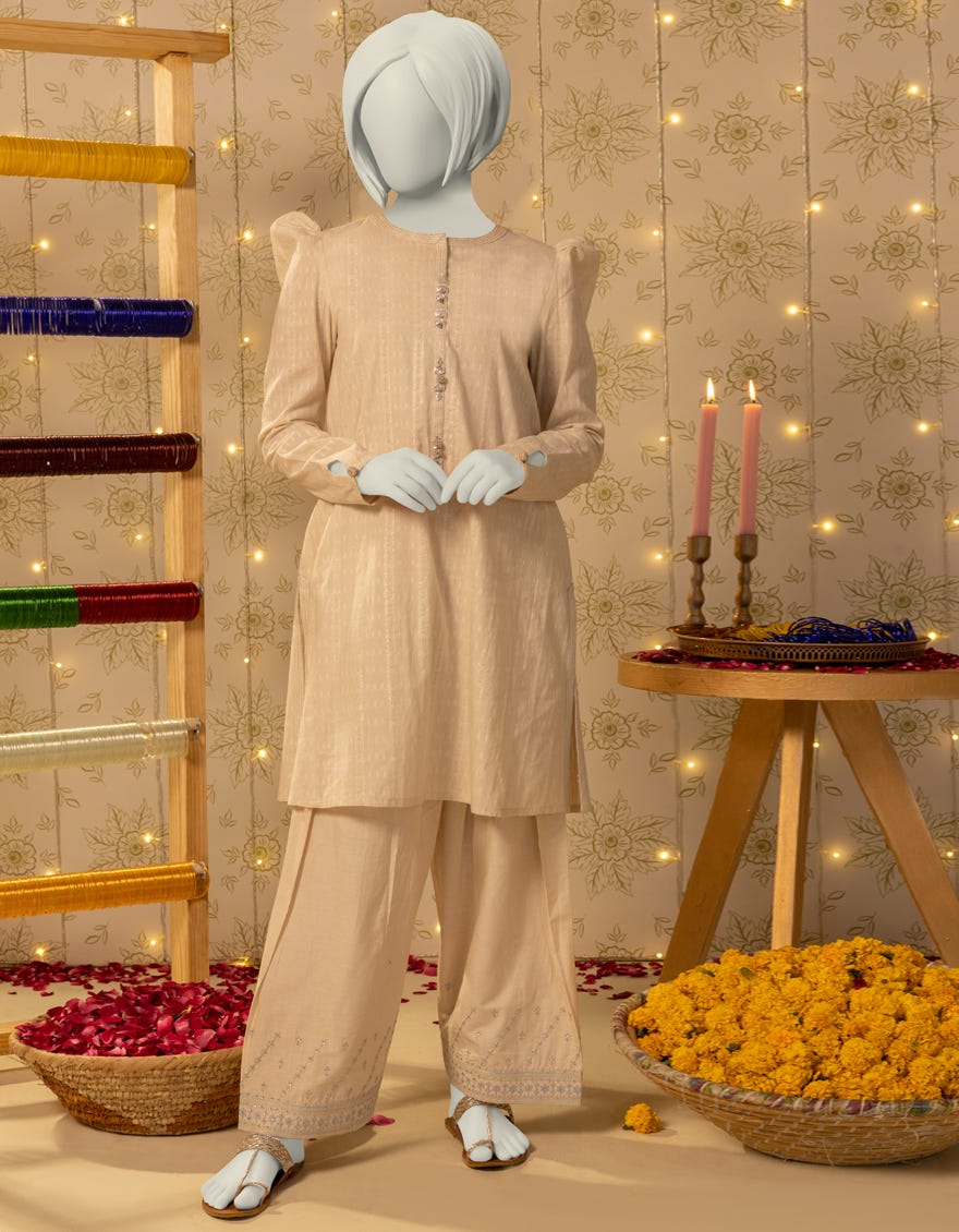 OFF WHITE DOBBY EMBELLISHED 2PC STITCHED