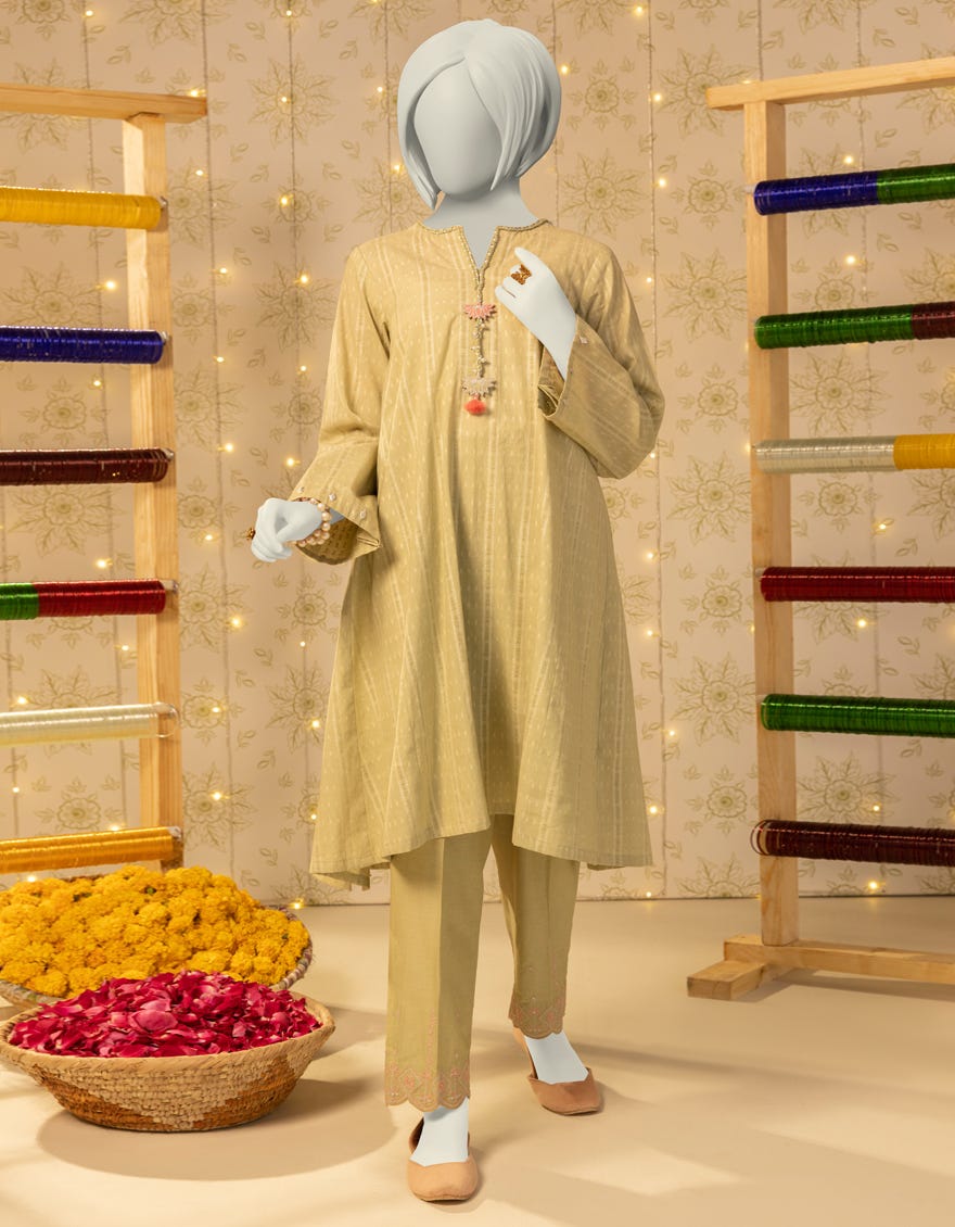 GREEN DOBBY EMBELLISHED 2PC STITCHED