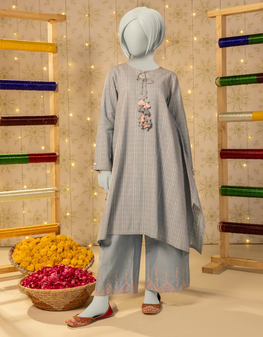 BLUE DOBBY EMBELLISHED 2PC STITCHED