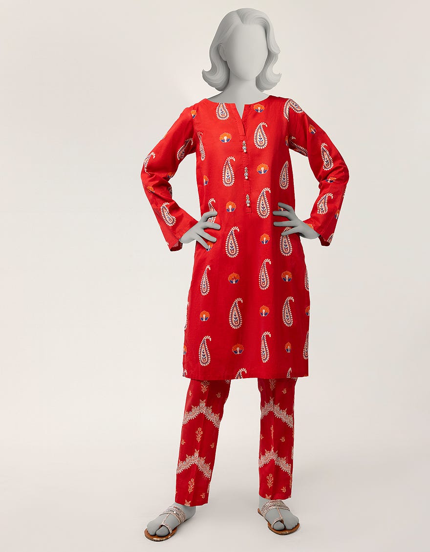 RED LAWN PRINTED STITCHED 2PC