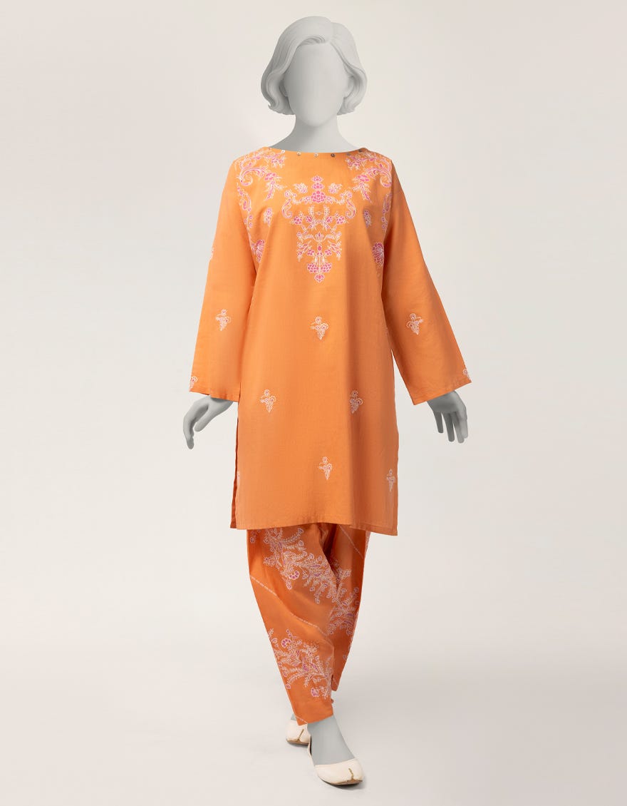 ORANGE LAWN PASTE PRINTED STITCHED 2PC