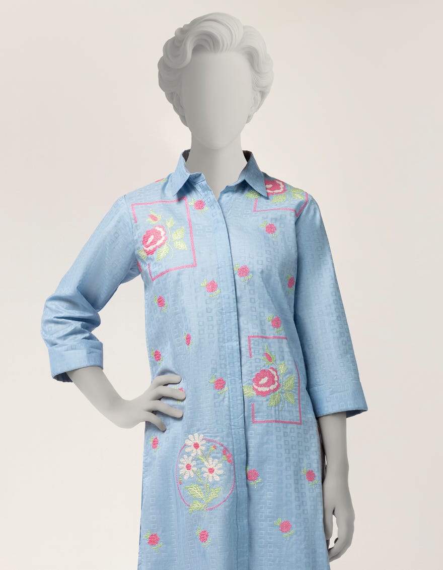 BLUE DOBBY EMBROIDERED STITCHED 2PC