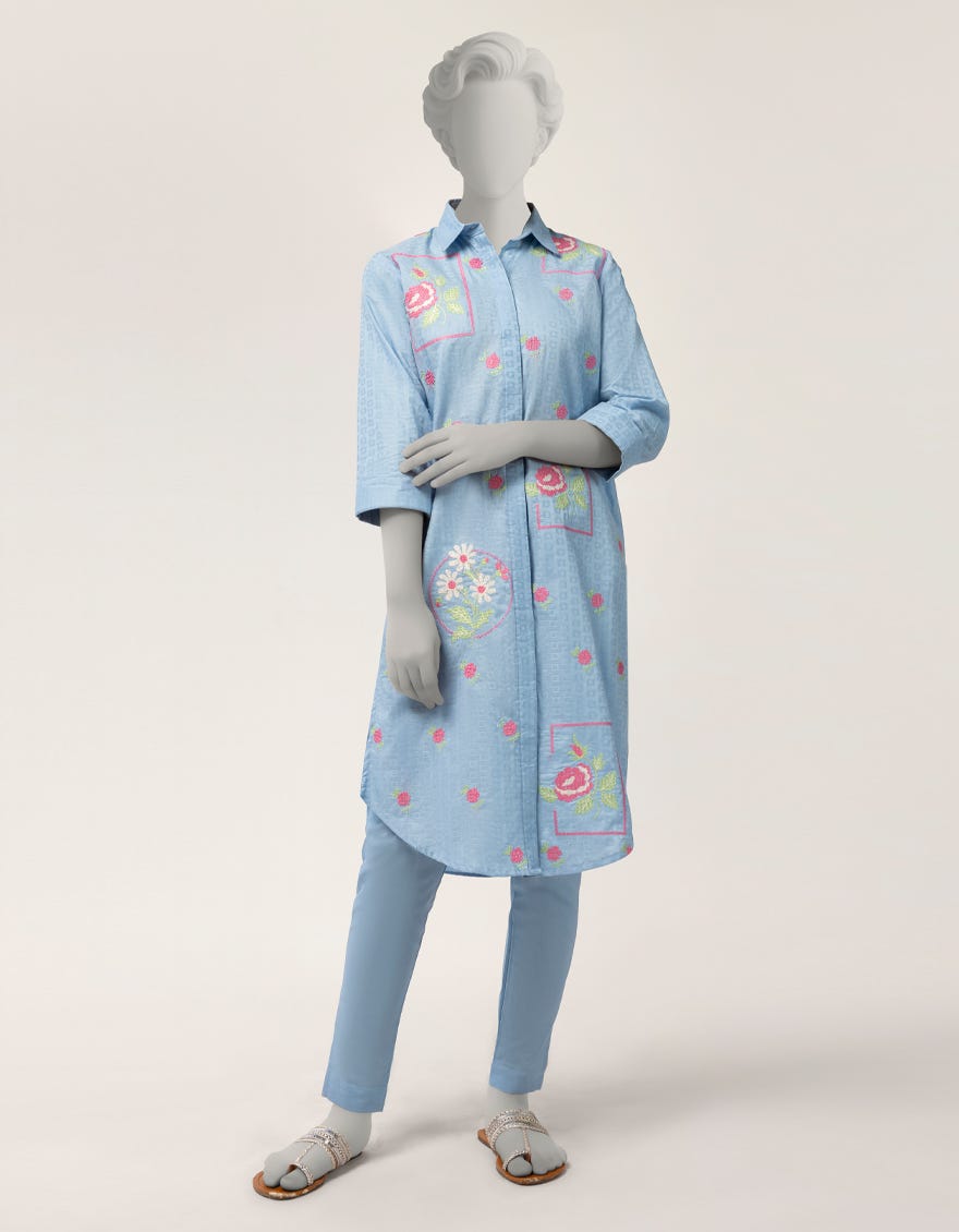 BLUE DOBBY EMBROIDERED STITCHED 2PC