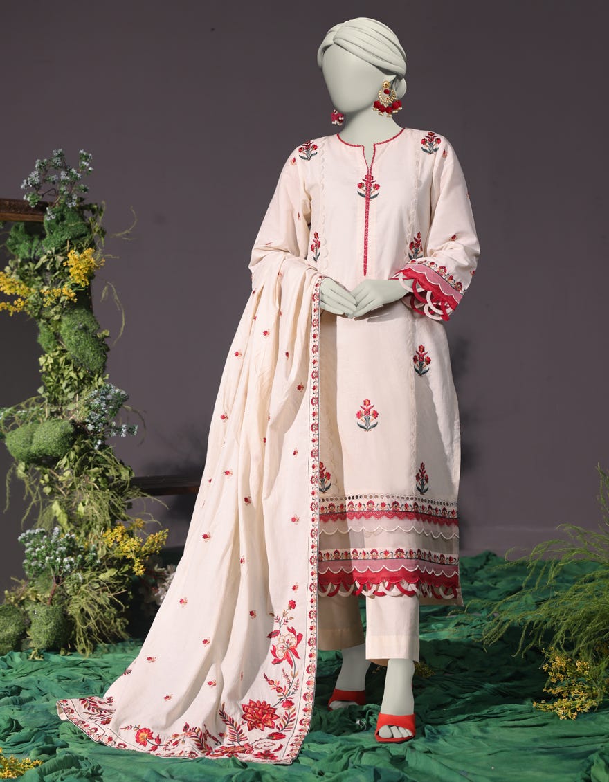 OFF WHITE CAMBRIC EMBROIDERED 3PC STITCHED