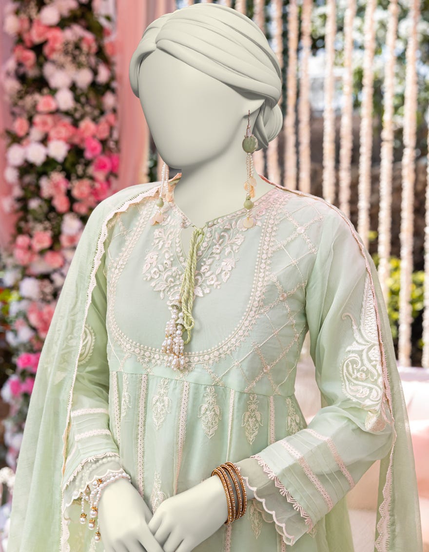 GREEN ORGANZA EMBROIDERED 3PC STITCHED