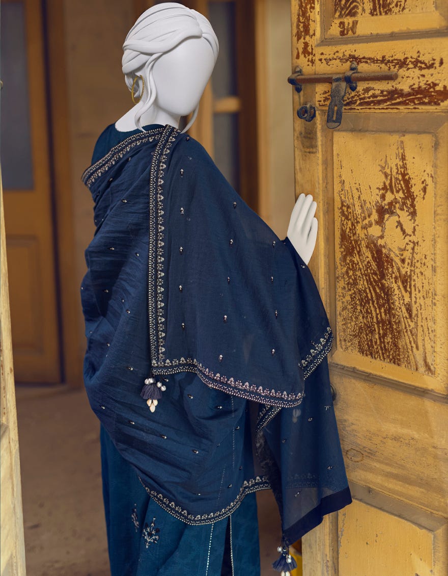 BLUE KHADDAR UNSTITCHED 3PC | JJLS-W-JWU-22-1844