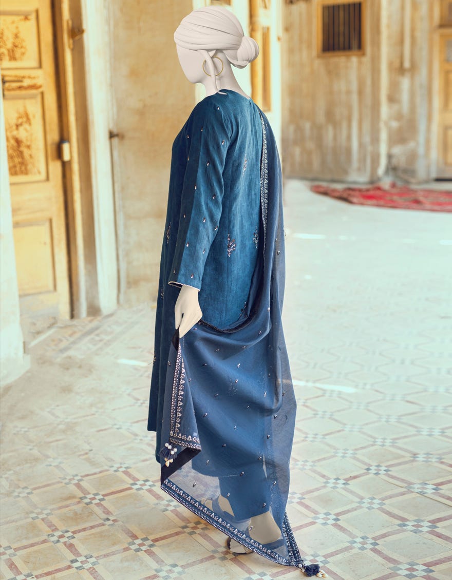 BLUE KHADDAR UNSTITCHED 3PC | JJLS-W-JWU-22-1844