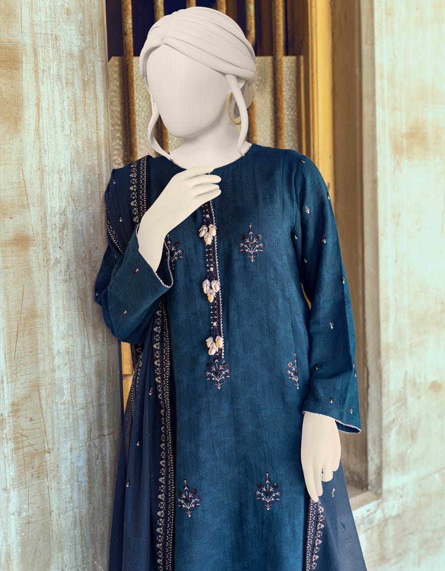 BLUE KHADDAR UNSTITCHED 3PC | JJLS-W-JWU-22-1844