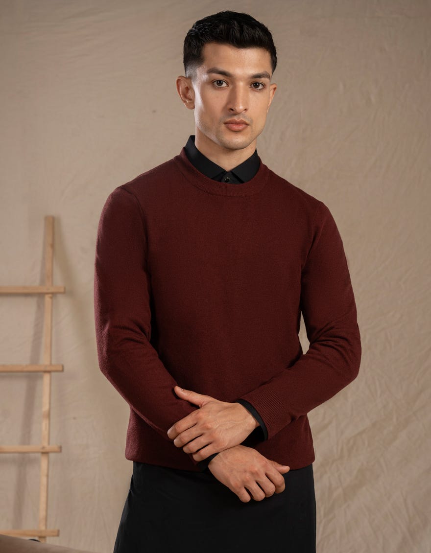 BURGUNDY CREW NECK SWEATER | JJ-MSWFS-20011