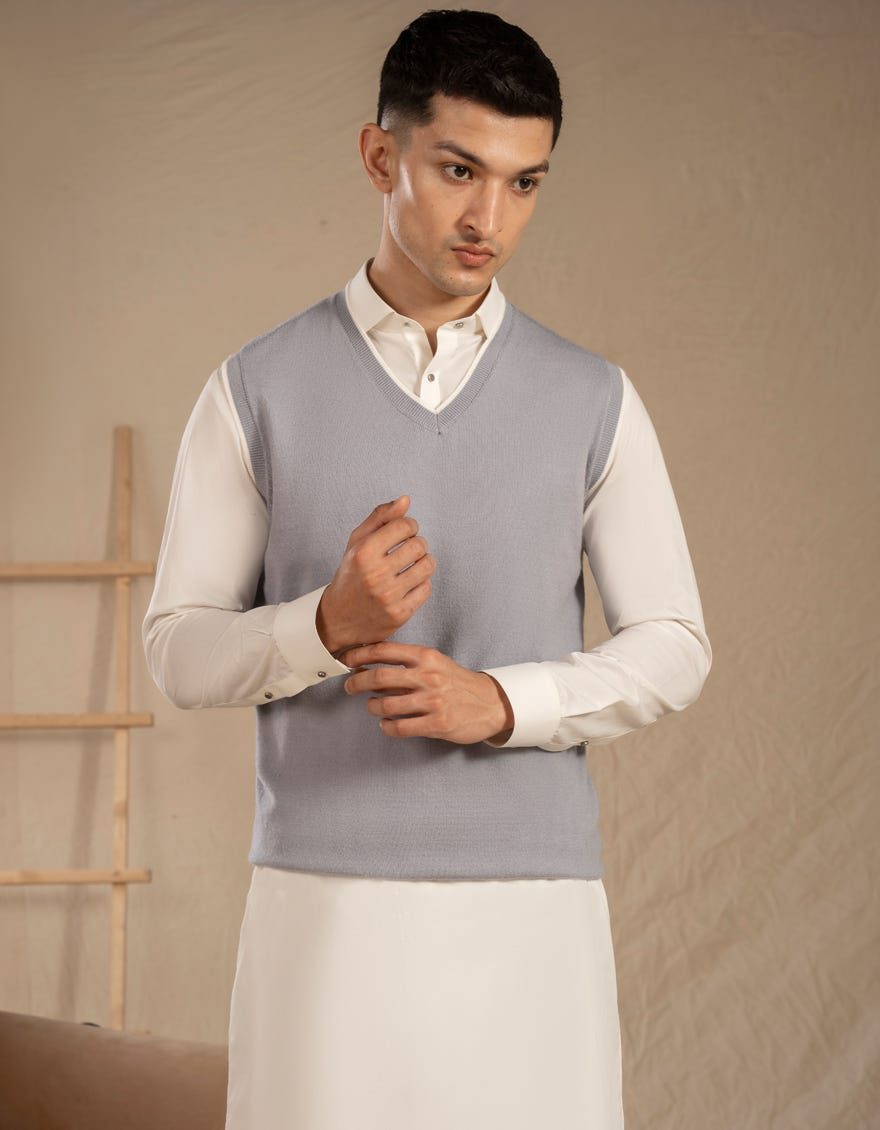 SMOKE GREY V-NECK SWEATER | JJ-MSWSL-20006