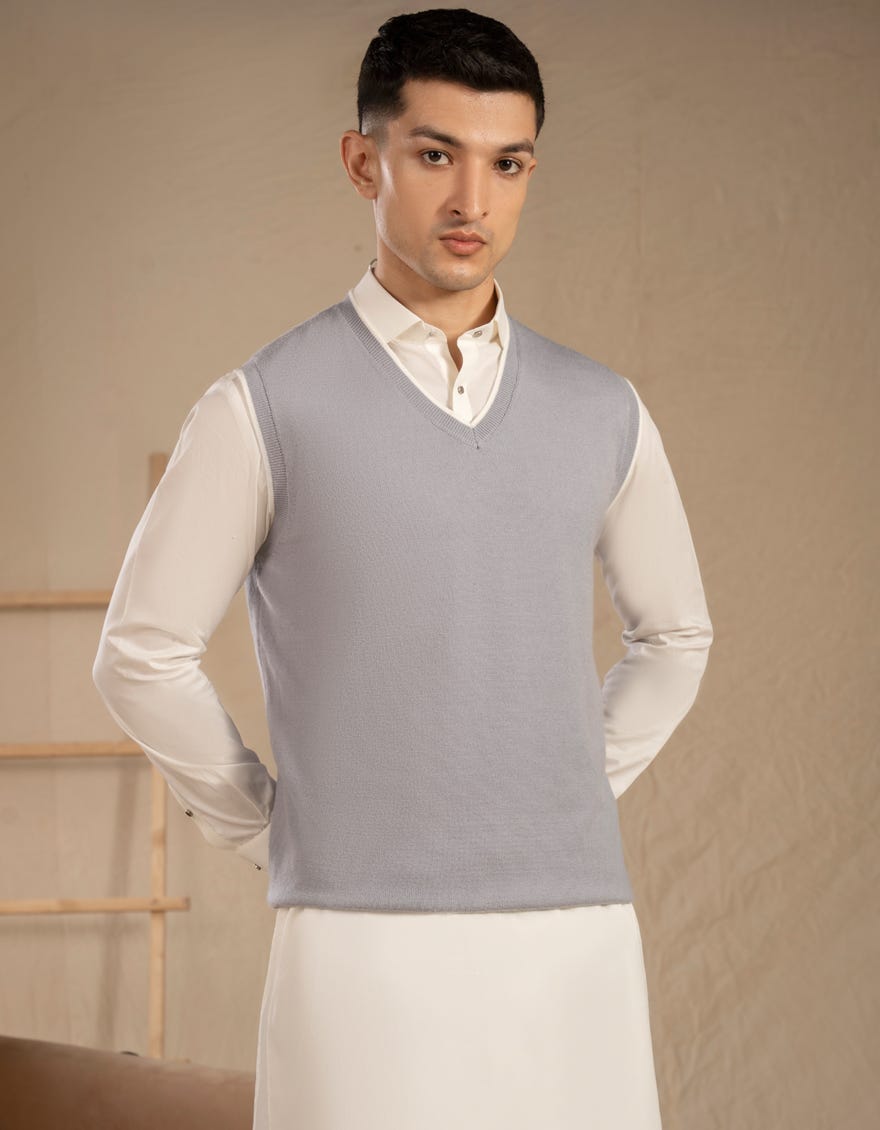 SMOKE GREY V-NECK SWEATER | JJ-MSWSL-20006