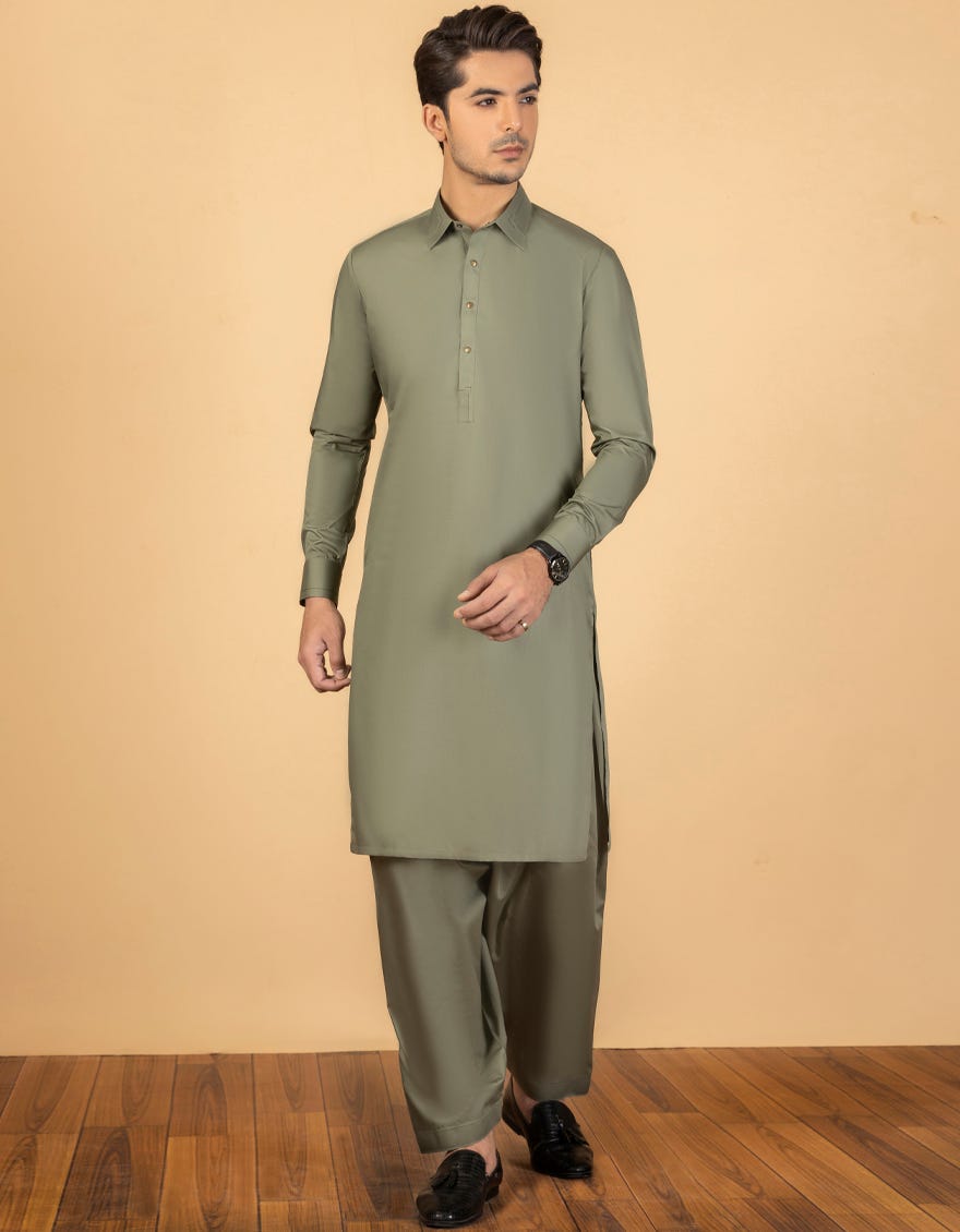 DULL GREEN COTTON UNSTITCHED KAMEEZ SHALWAR FABRIC | JJMS-2000