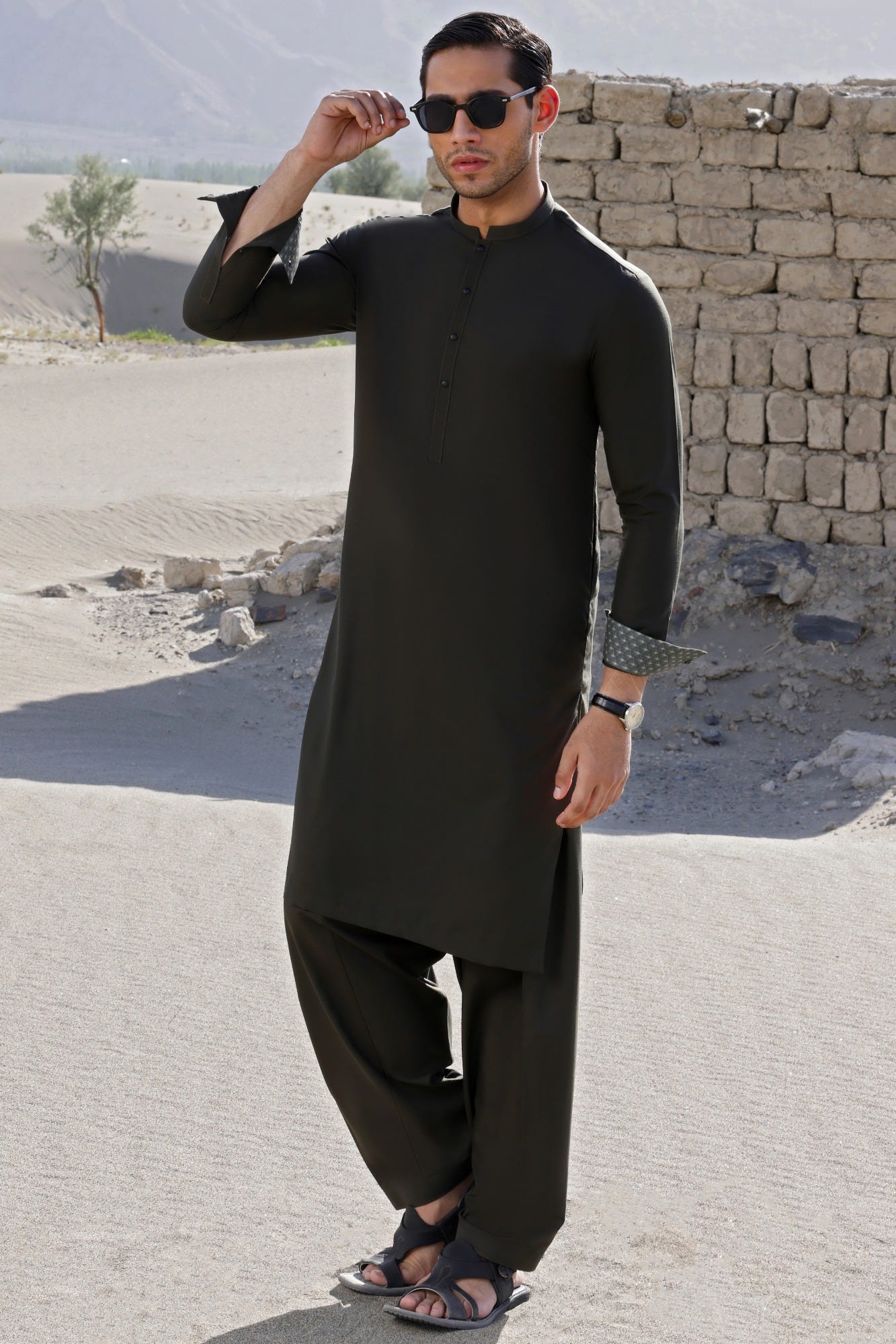 SWEDEN - OLIVE BLENDED KAMEEZ SHALWAR