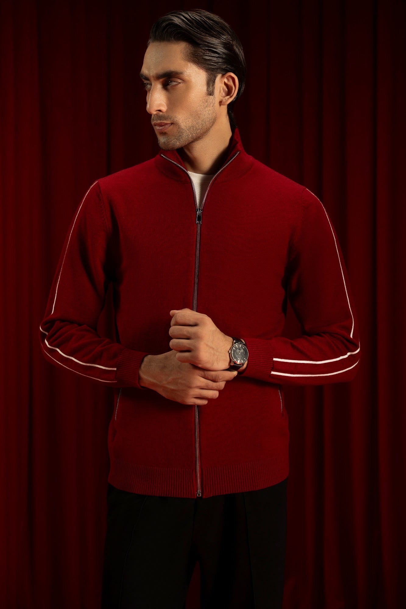 BURGUNDY GAUGE CARDIGAN ZIPPER | CC-SWT-0018