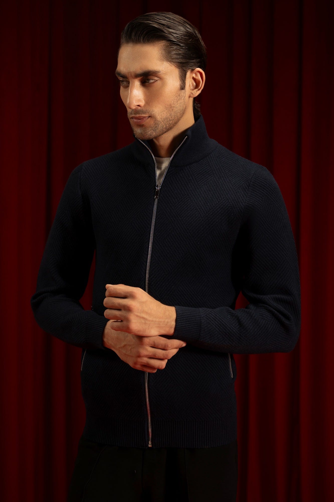 NAVY GAUGE CARDIGAN ZIPPER | CC-SWT-0020
