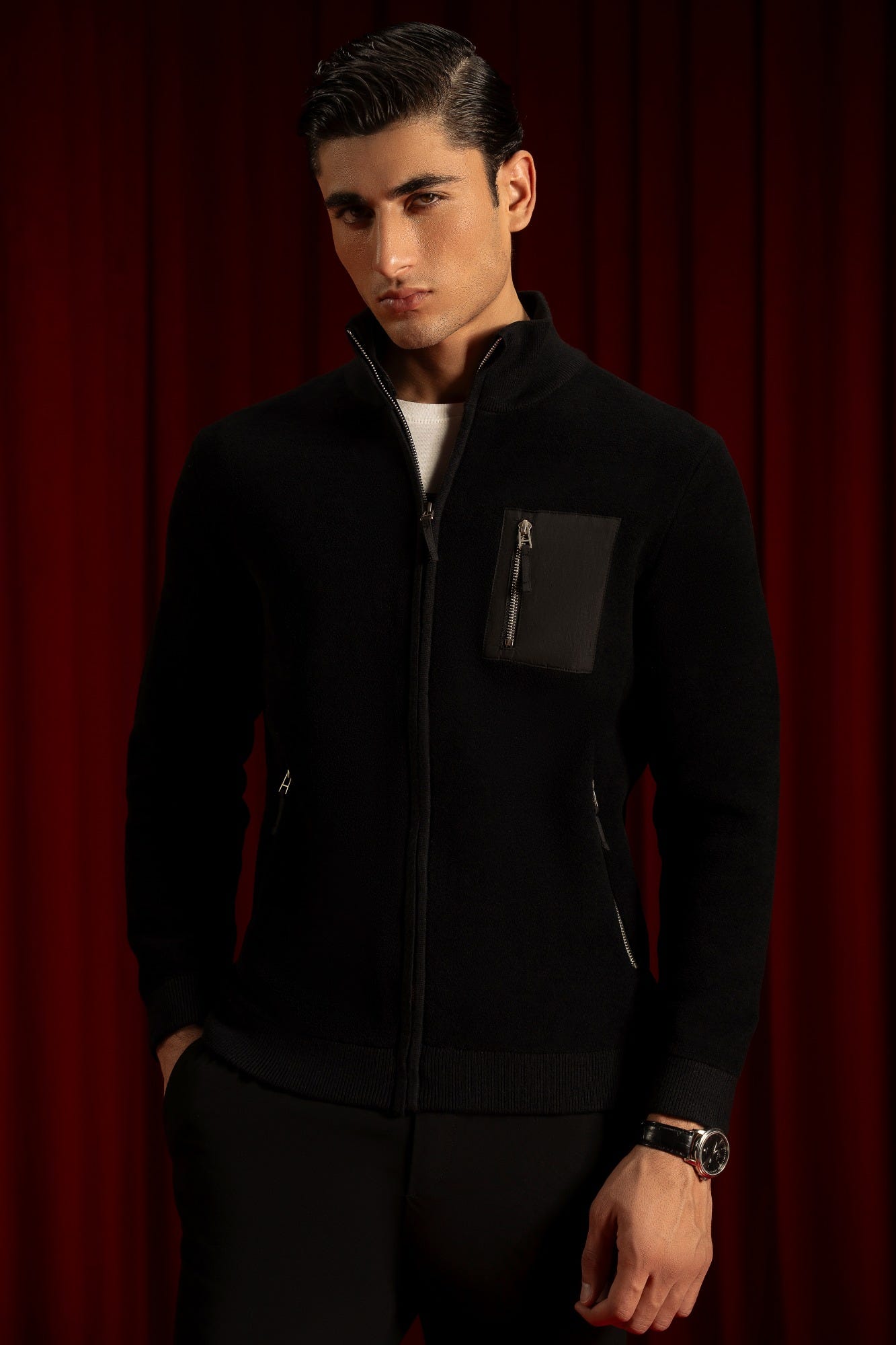 BLACK NYLON CARDIGAN ZIPPER REECE | CC-SWT-0021