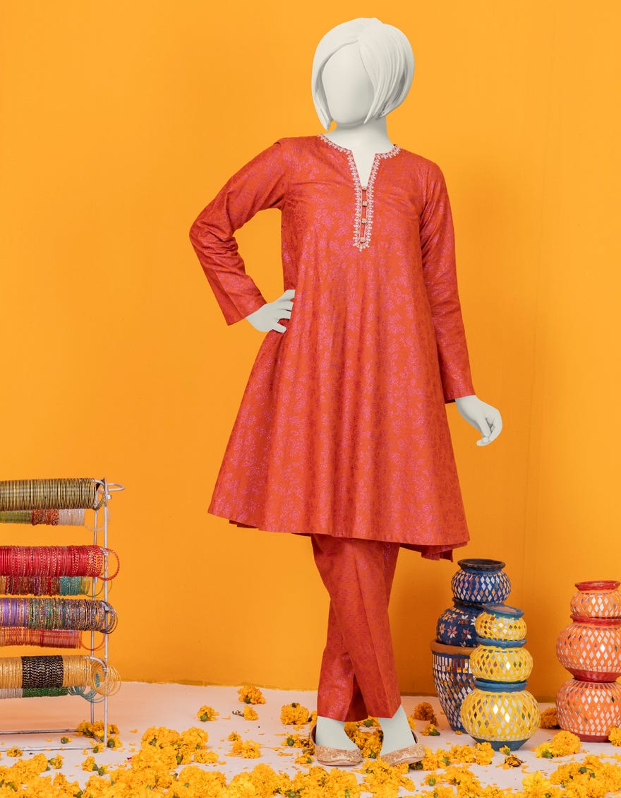 Orange Textured Stitched 2 Piece | Jgk-S-Ygtl-421-24