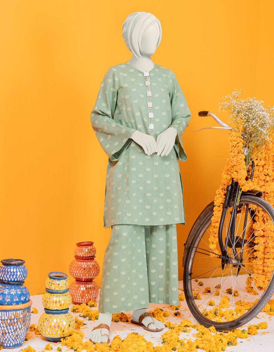 Green Jacquard Stitched 2 Piece | Jgk-S-Ygtl-423-24