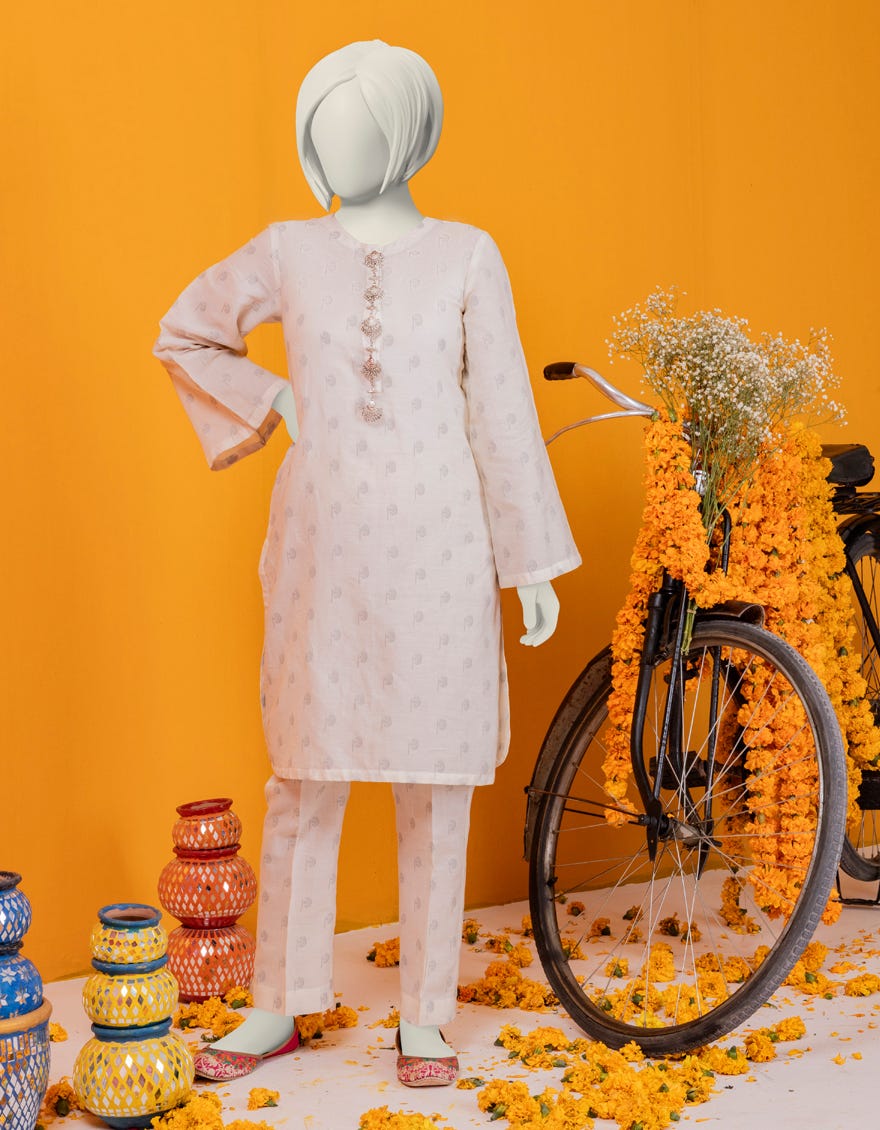 Off White Jacquard Stitched 2 Piece | Jgk-S-Ygtl-426-24