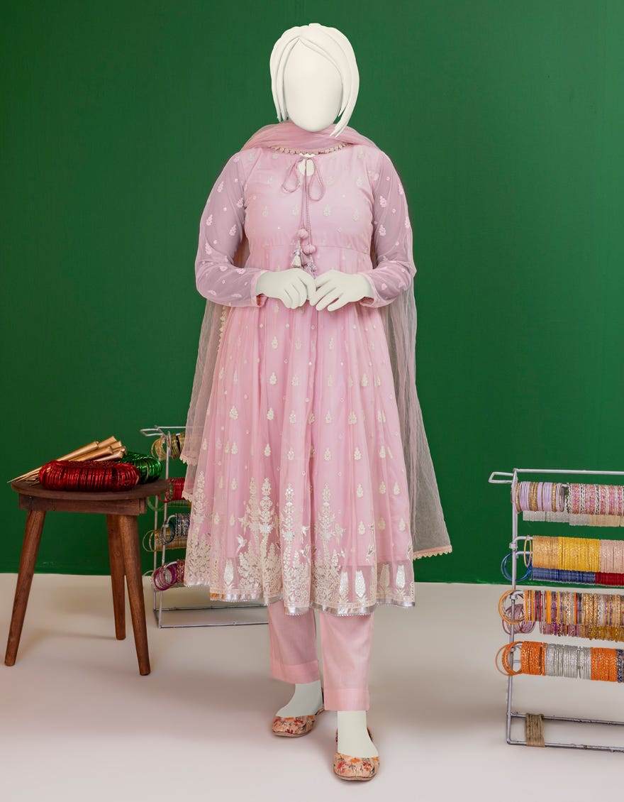 Pink Polynet Stitched 3 Piece | Jgk-S-Ygtl-613-24