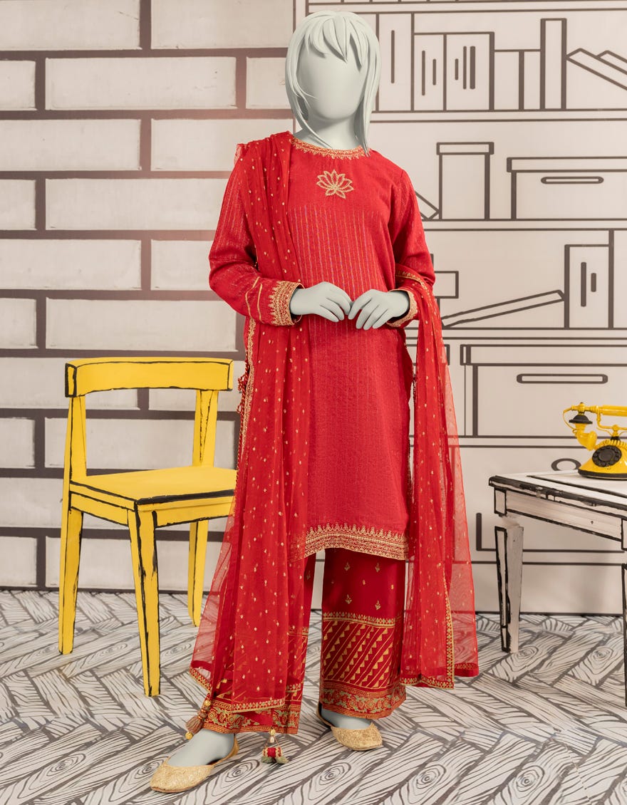 RED TEXTURED EMBROIDERED 3PC STITCHED