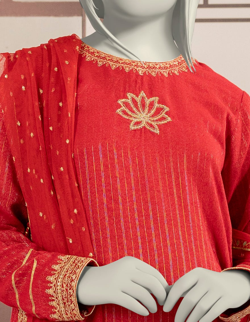 RED TEXTURED EMBROIDERED 3PC STITCHED