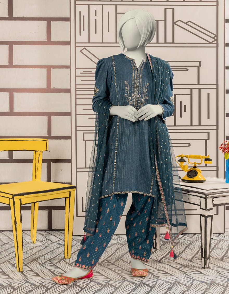 BLUE TEXTURED EMBROIDERED 3PC STITCHED