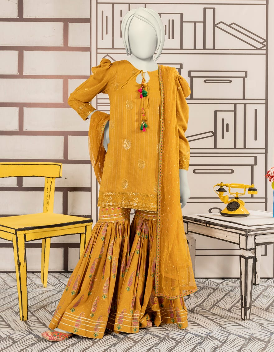 OCHRE TEXTURED EMBROIDERED 3PC STITCHED