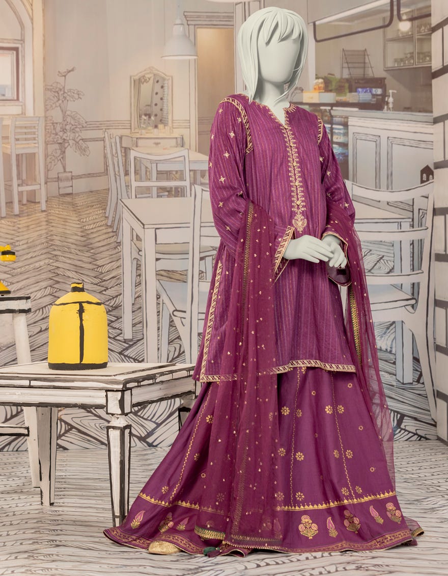 PURPLE TEXTURED EMBROIDERED 3PC STITCHED