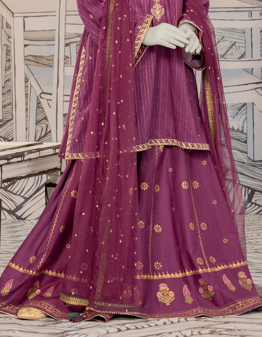 PURPLE TEXTURED EMBROIDERED 3PC STITCHED